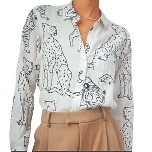 RAILS Kathryn Wild Cat Print Button-Up Shirt in Ivory Size Medium NWT
